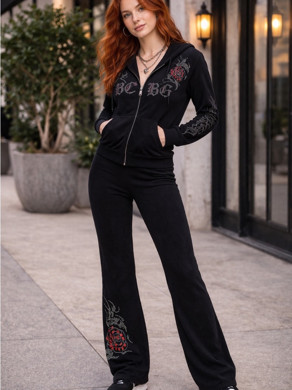BCBGMaxAzria Black Zip Hoodie & Joggers Set with Red Rose Embroidery